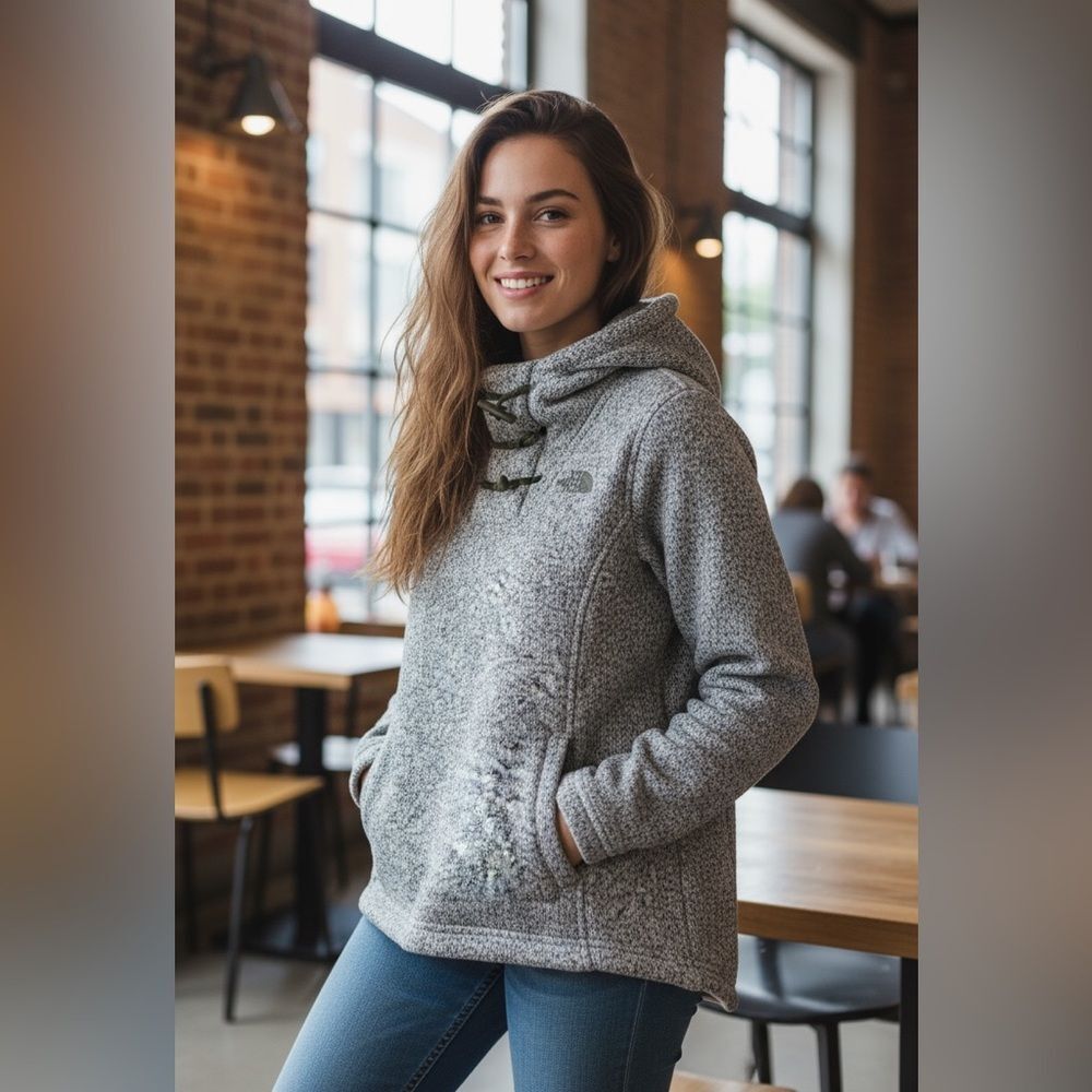 The North Face Heather Gray Cresent Hooded Fleece Pullover XS